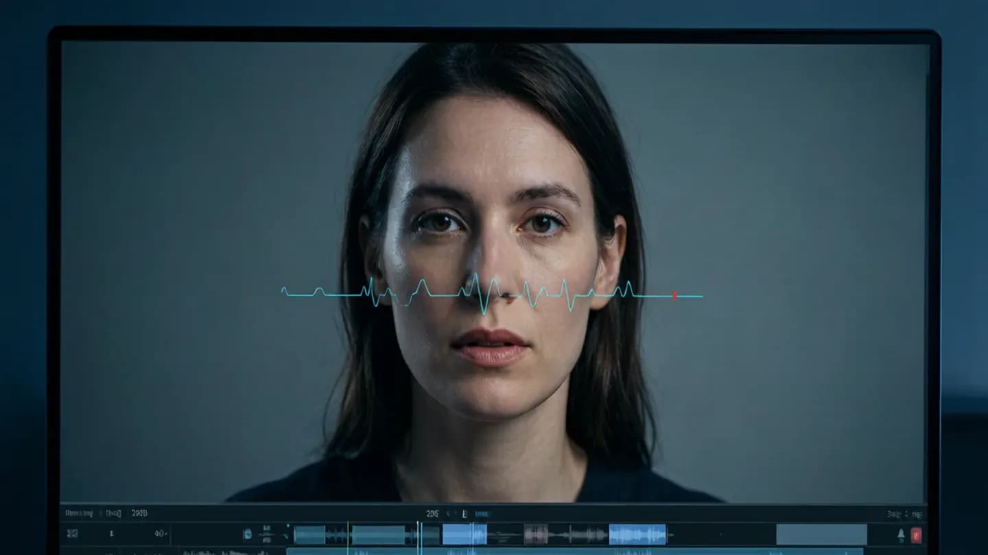 A synthetic spokesperson on a monitor with a diagnostic overlay showing lip movements slightly out of sync with the audio waveform.