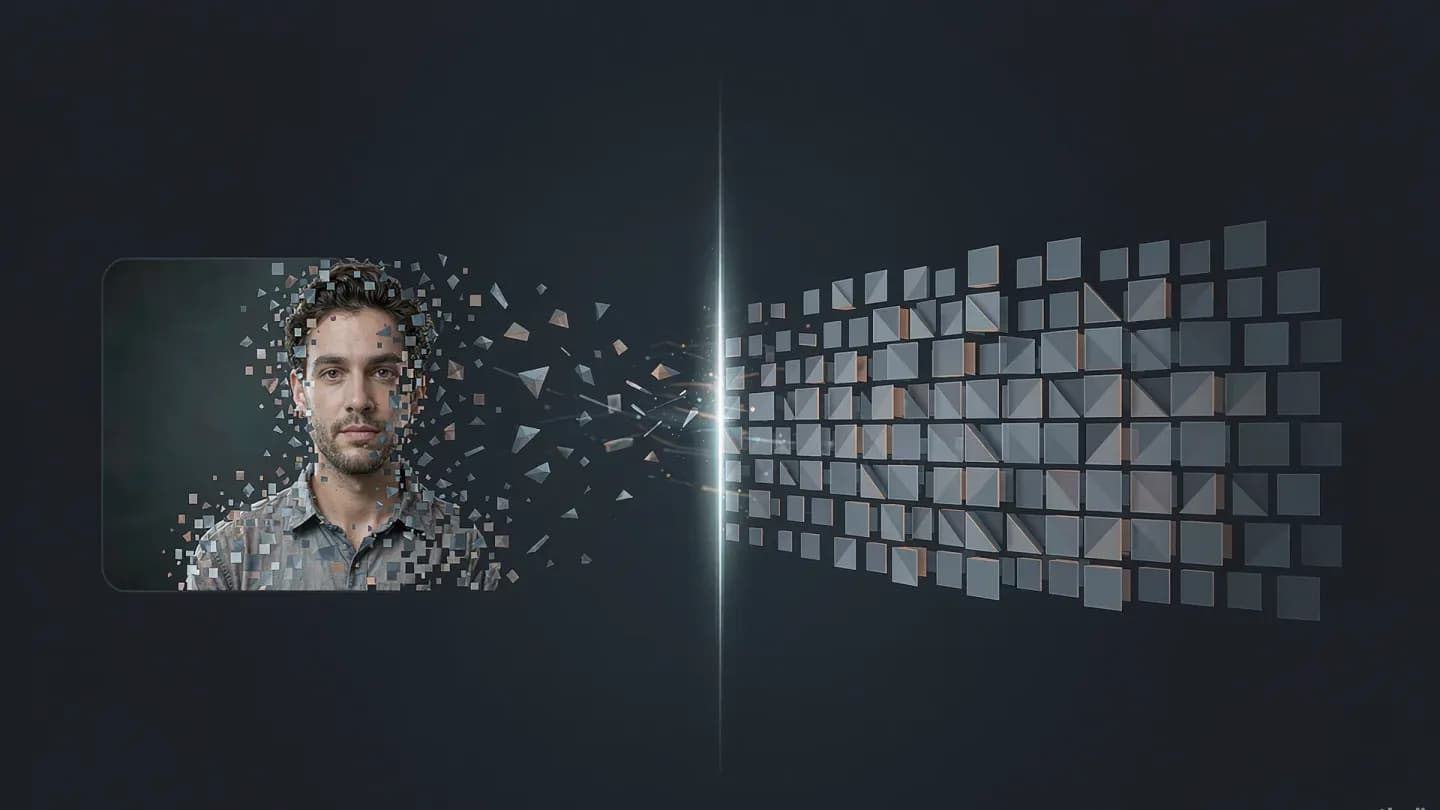 An abstract split panel: a human video-call tile on the left dissolving into separate geometric blocks on the right, with one continuous signal passing across a bright divider.