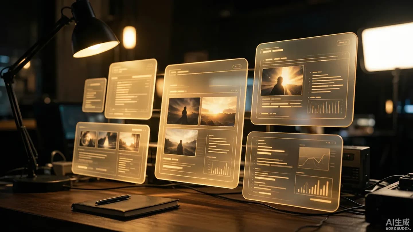 A director reviewing several AI video previews on glowing panels in a dim studio