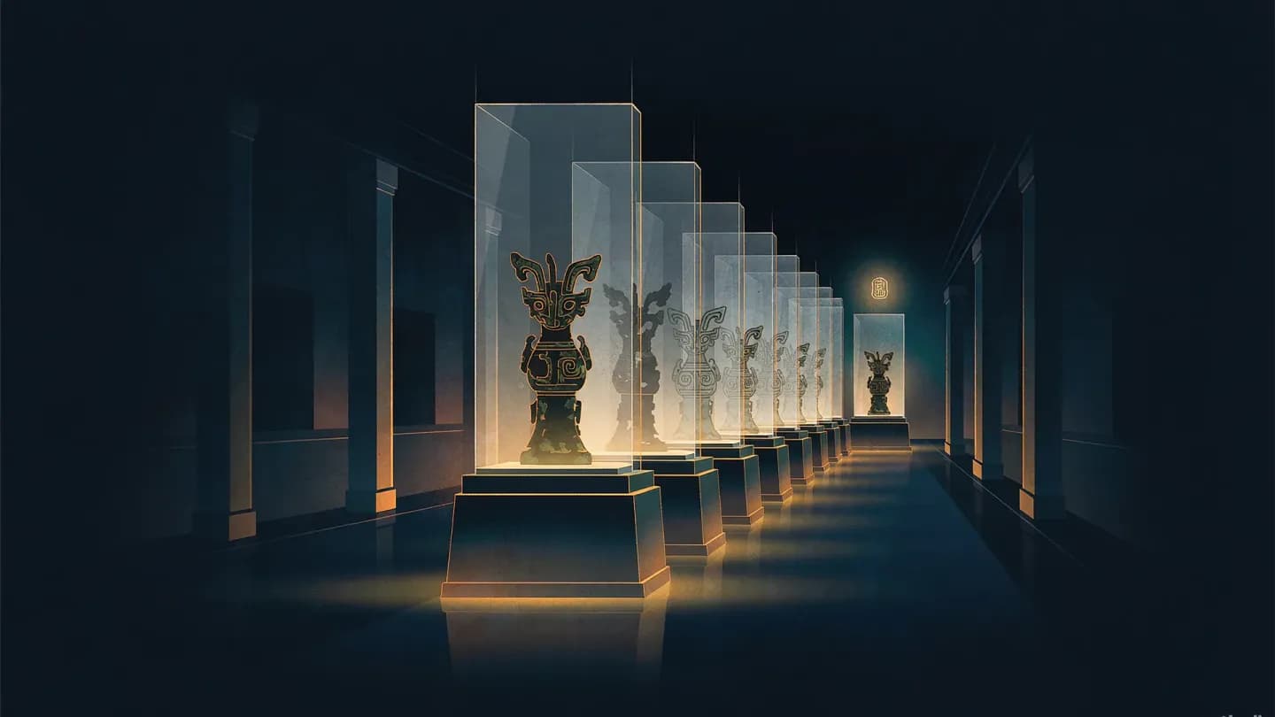 A bronze vessel glowing on a museum pedestal behind a row of glass panels refining its outline, on a deep navy field