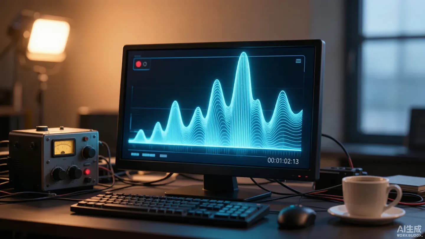 A film production desk where sound waveforms rise from a video monitor, representing audio built into AI-generated video.