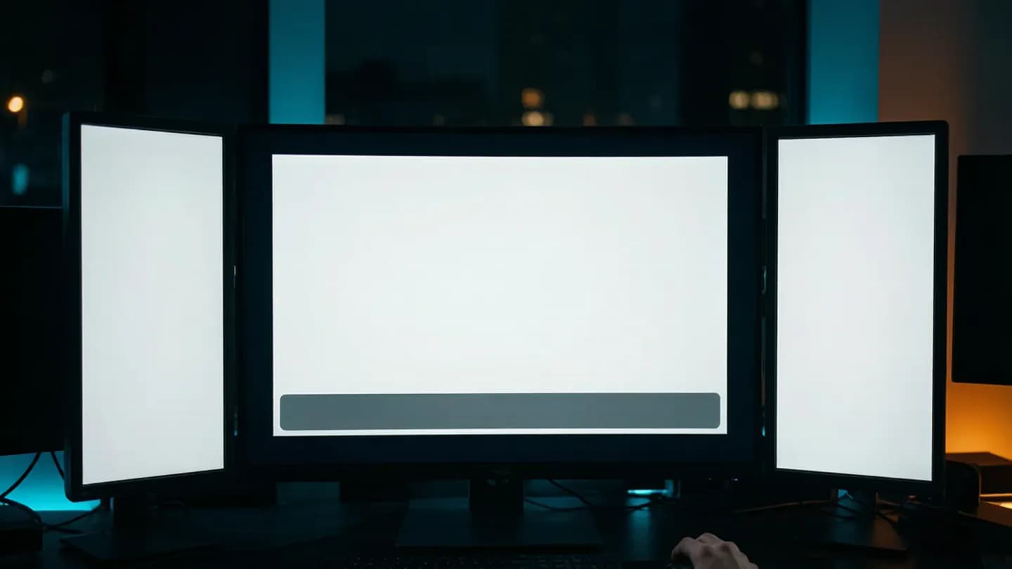A grading suite monitor showing a blank video frame with an empty lower-third bar reserved for on-screen text