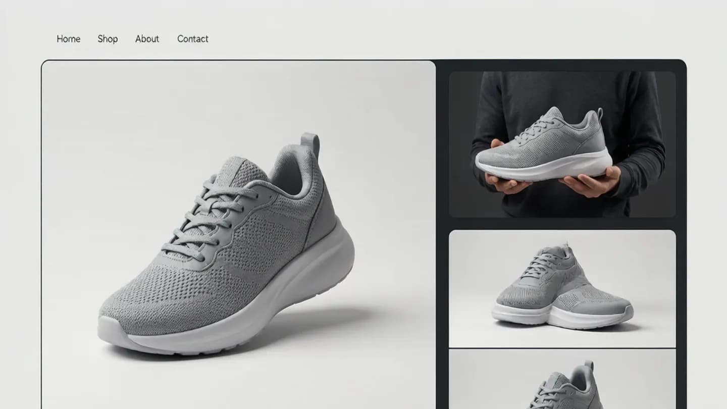 Mockup of a product detail page with an autoplay video panel next to a rotating sneaker and static photos