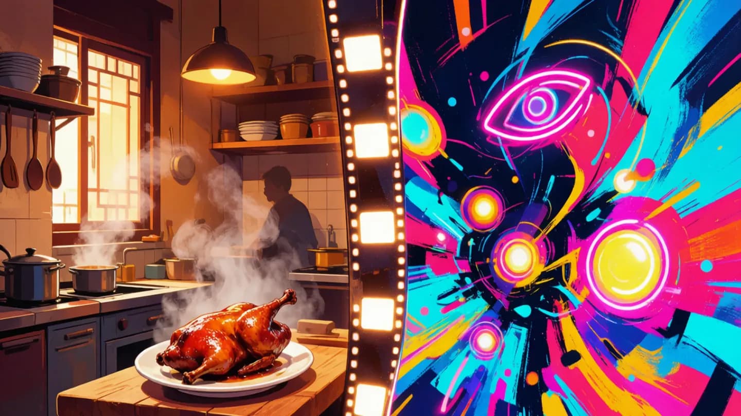 A warm braised-duck kitchen on the left and a neon expressionist animated frame on the right, joined by a film strip