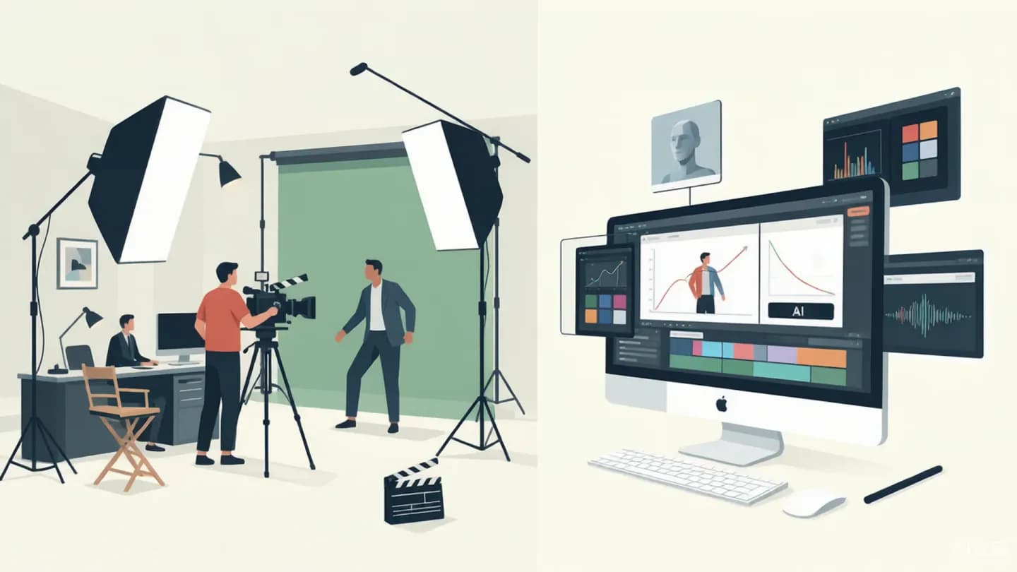 Isometric comparison of a traditional film crew set versus a single-desk AI video generation workstation