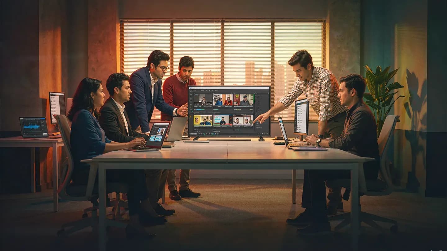 An in-house brand video production team reviewing AI-generated video timelines on studio screens