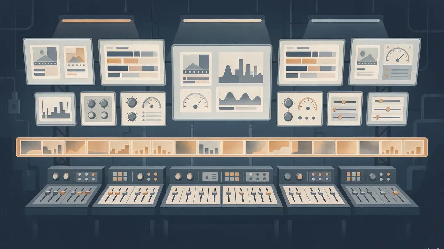 Editorial illustration of a production control room built around a single timeline spine with shot cards, control dials and a ledger strip