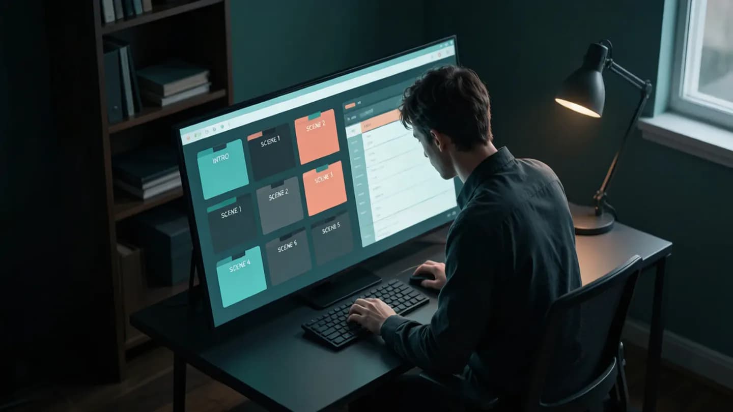 Isometric view of a video prompt engineer's desk with tagged reference boards and a shot list on a glowing screen