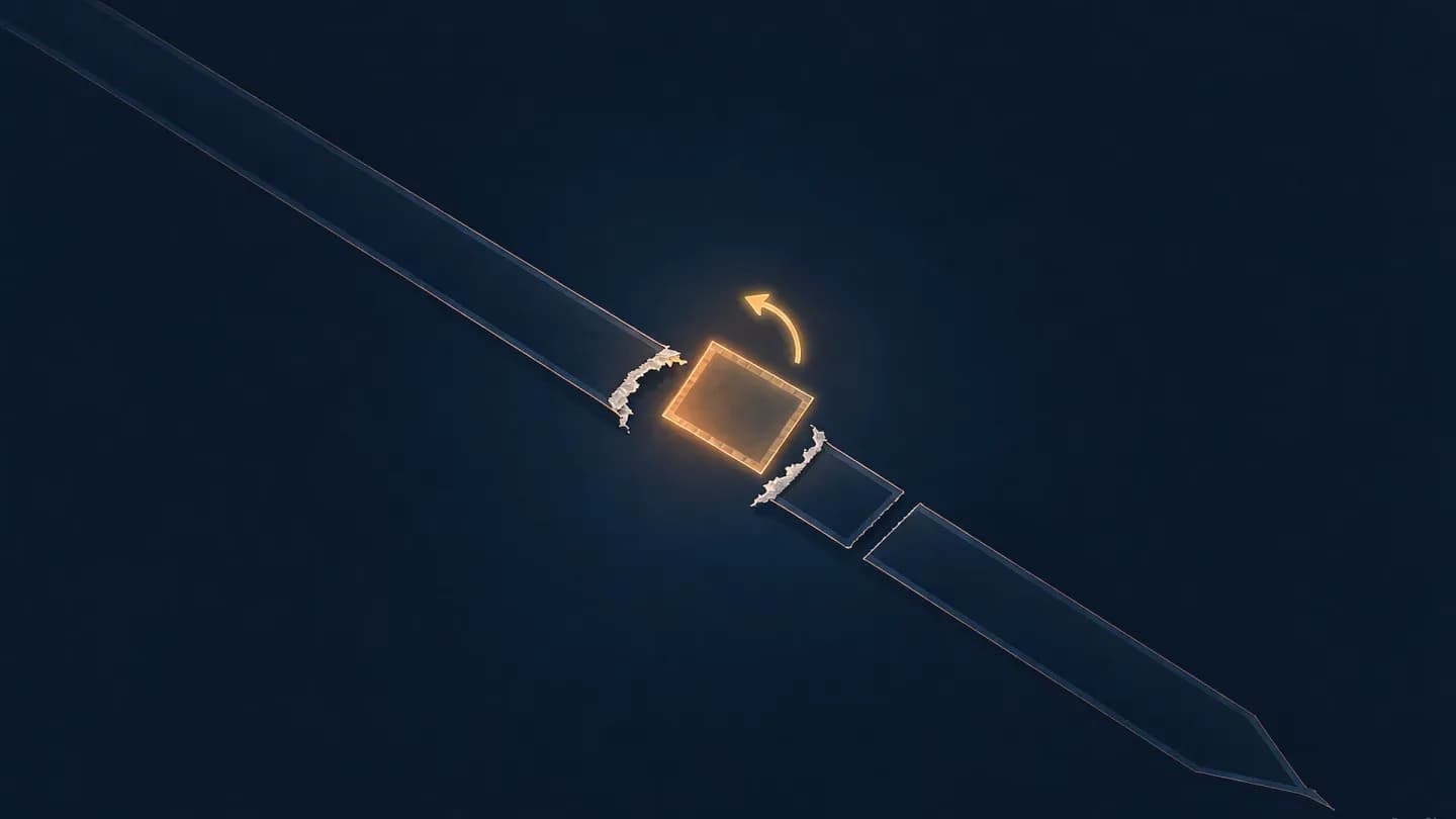 A glowing filmstrip crosses a dark navy field with one segment lifted out by a geometric frame and rebuilt as clean light