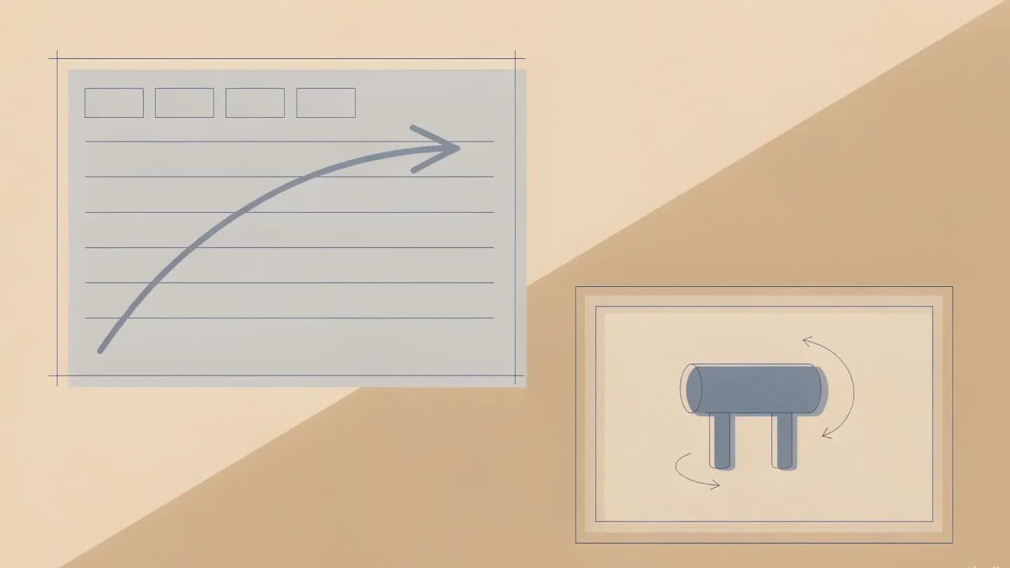 Flat vector illustration of a shot card beside a monitor showing a curved camera path orbiting a geometric product shape while the product rotates on its own axis.