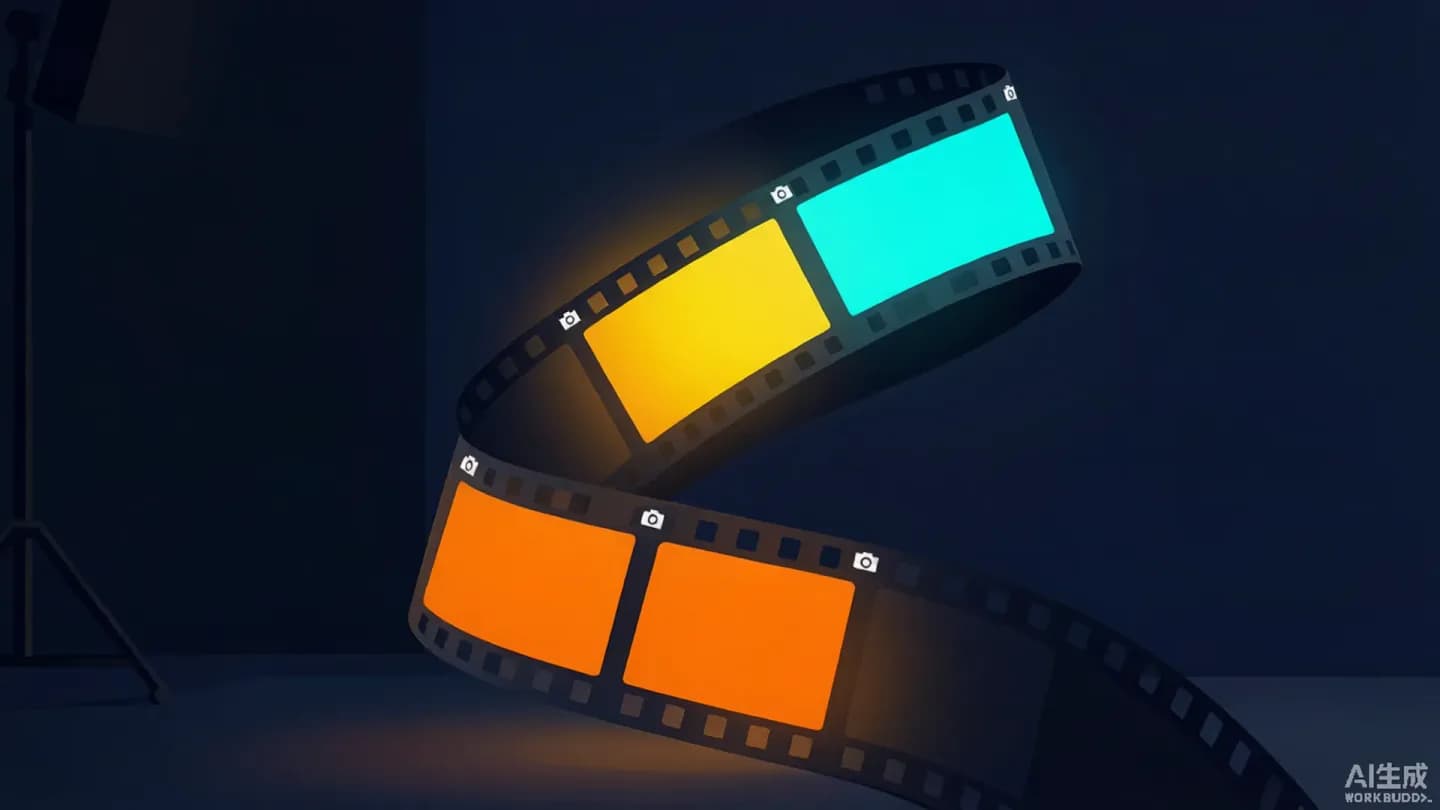 A single long filmstrip curving through a dark studio, split into three coloured segments with camera markers along its length