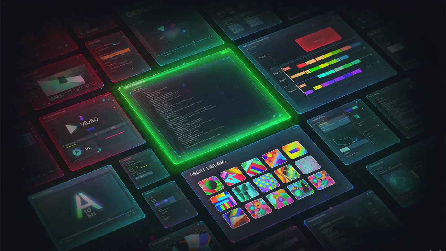 Overhead view of one unified AI video creation canvas combining generation, editing, and asset library panels