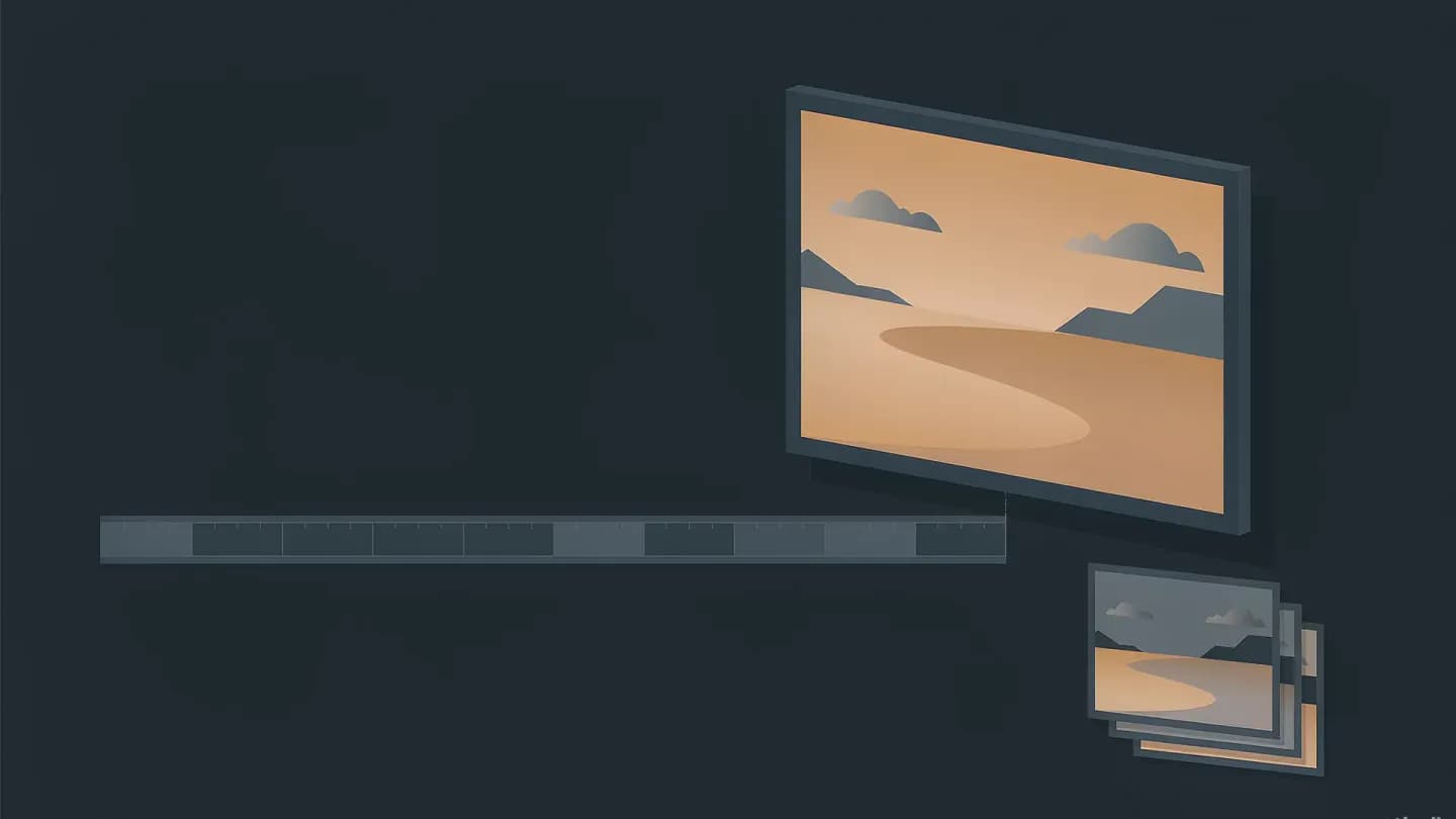 Flat vector editing timeline with one oversized still frame lifted off the end of the track and three alternate frames waiting beside it