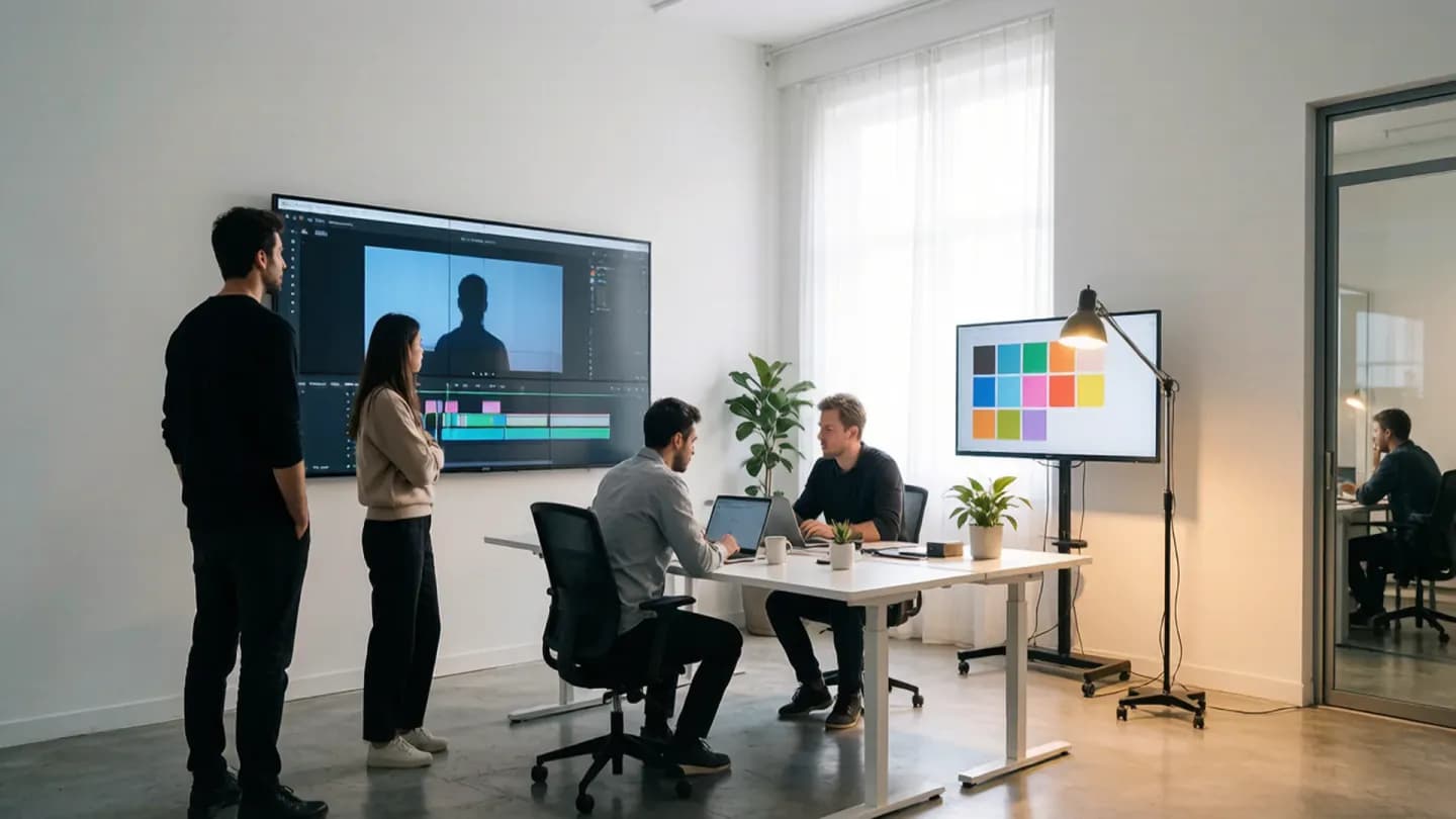 A small brand team reviewing AI-generated video clips on large monitors in a modern in-house studio