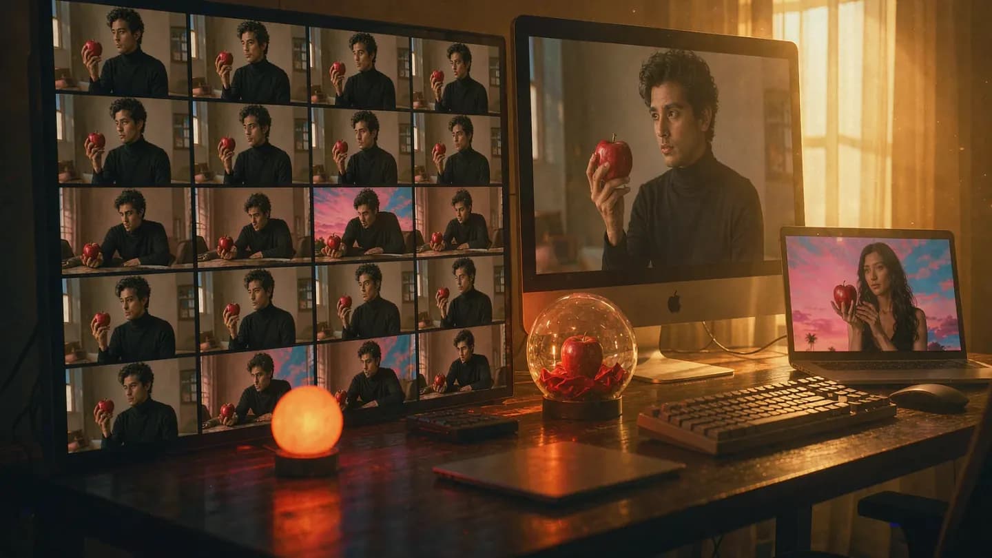 A workstation generating many distinct on-brand AI video variants from one brief
