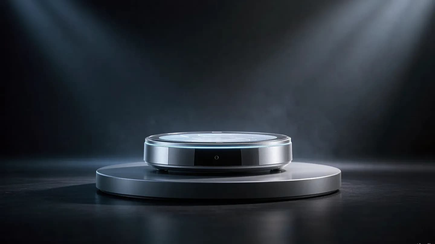Cinematic product launch film still of a premium device on a studio turntable, representing Alibaba Wan 3.0 commercial video output.