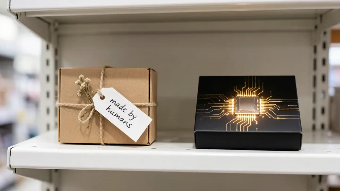 Two product boxes on a shelf, one tagged made by humans and one marked with a circuit chip