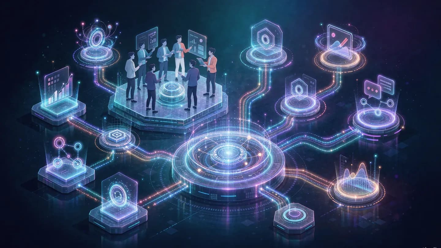 Stylised isometric scene of a marketing team connected to a single AI operations hub