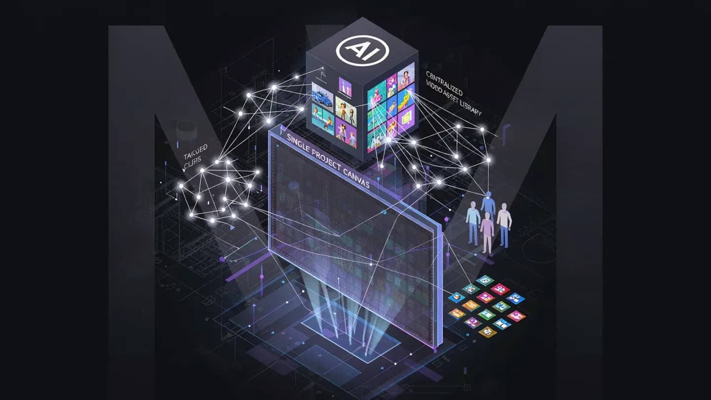 Isometric diagram of a central asset library linked to a single project canvas