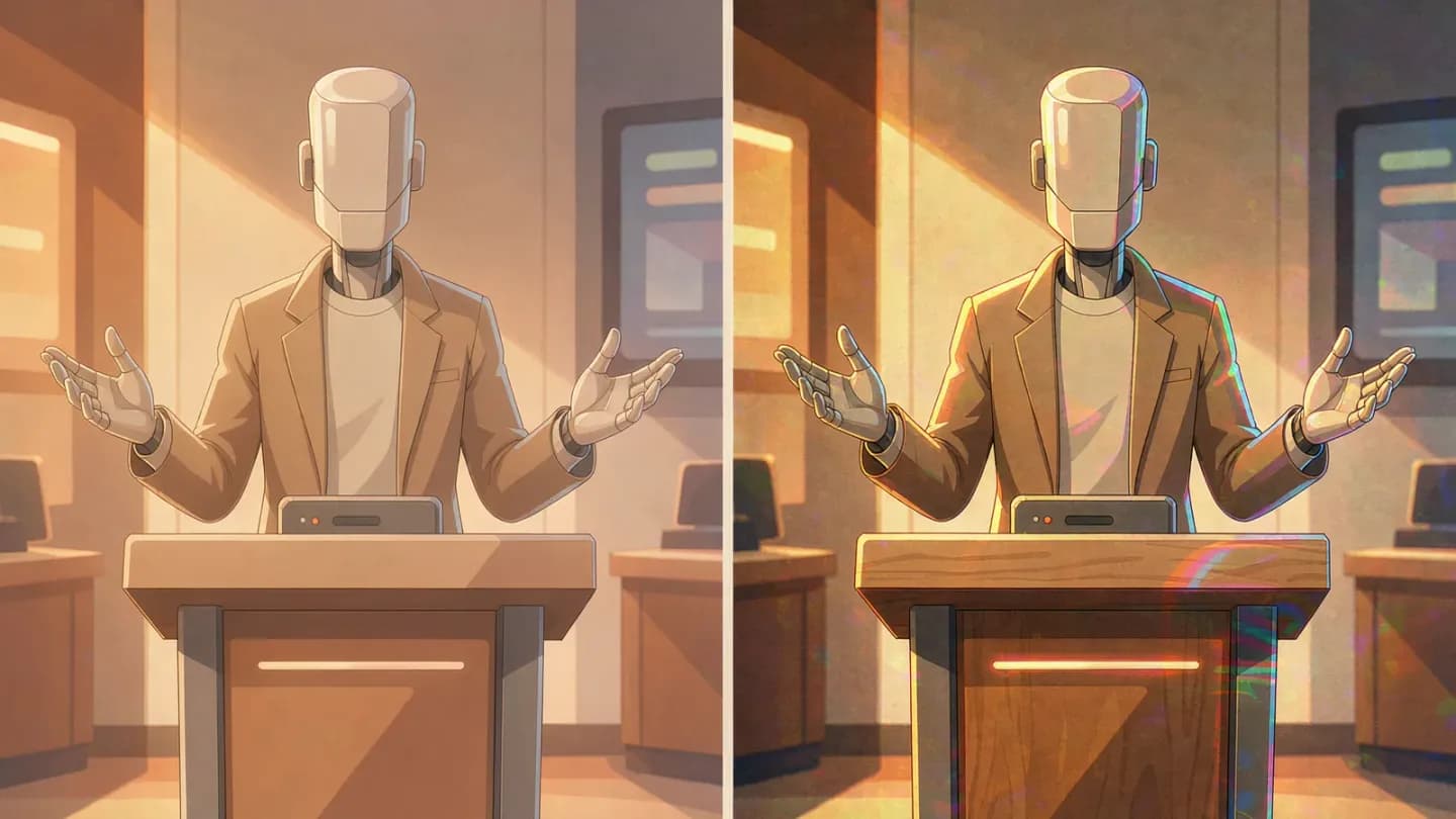 A split-screen illustration contrasting a natural AI spokesperson frame with an uncanny one
