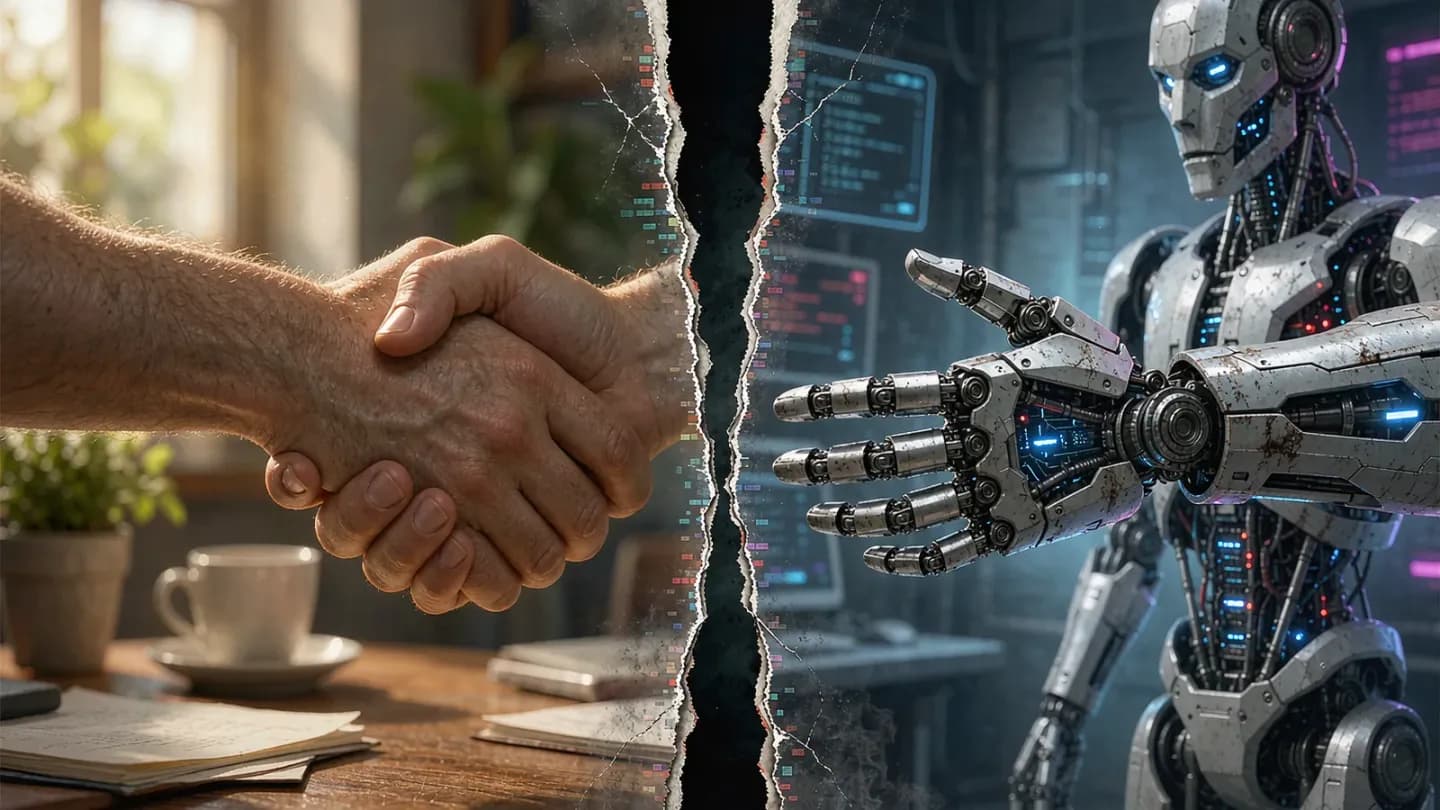 A split-screen metaphor of a human handshake versus a hollow robot, representing the authenticity gap
