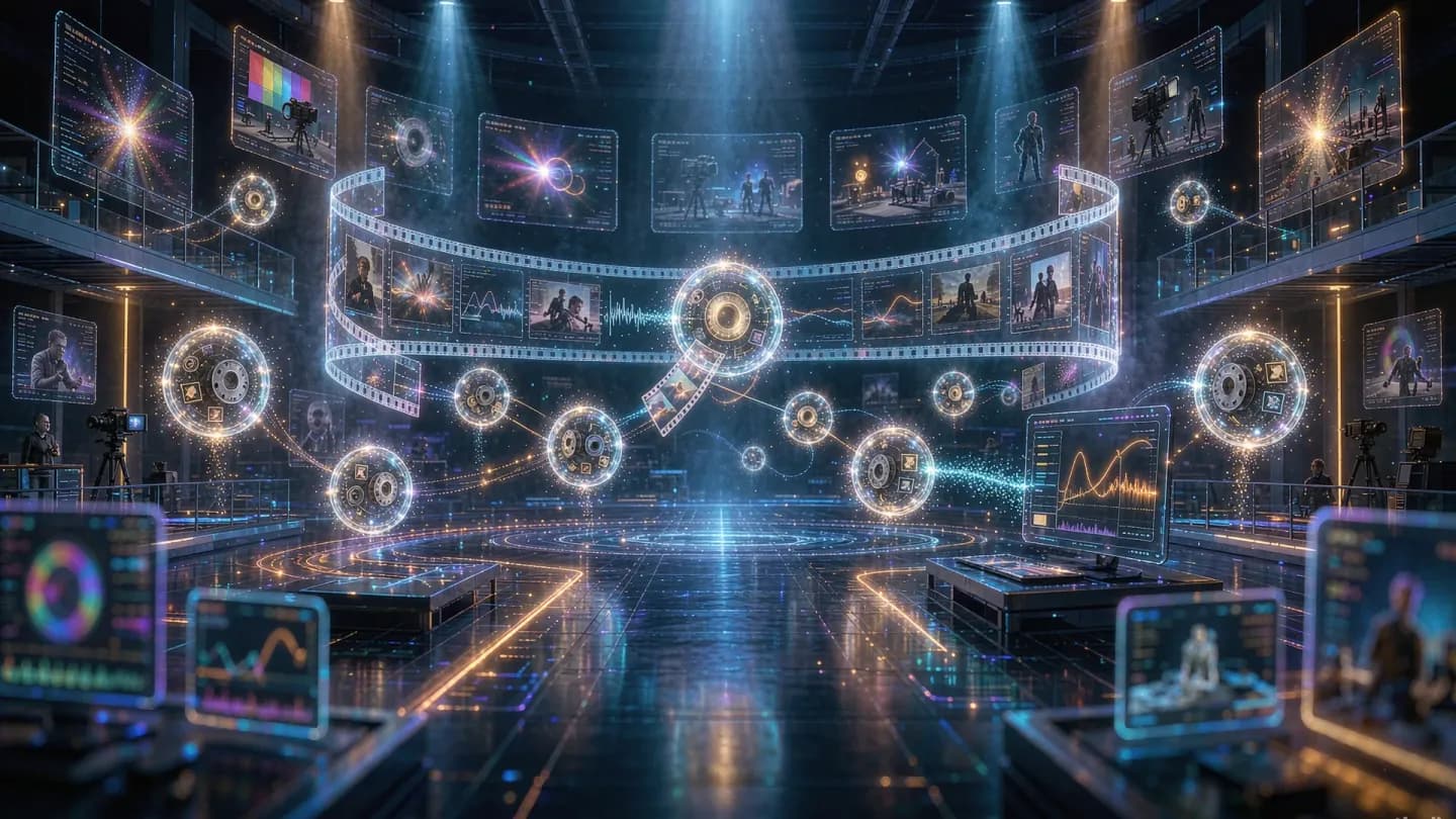 A futuristic control room where AI agent orbs collaborate around a floating video timeline