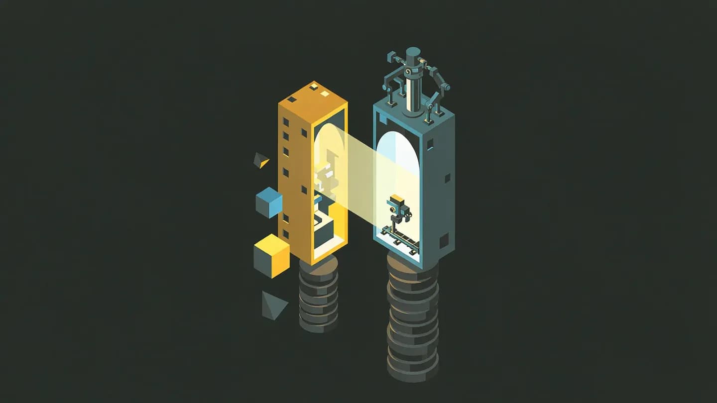 Isometric illustration of two broadcast booths with clock dials and coin columns of different heights beneath each