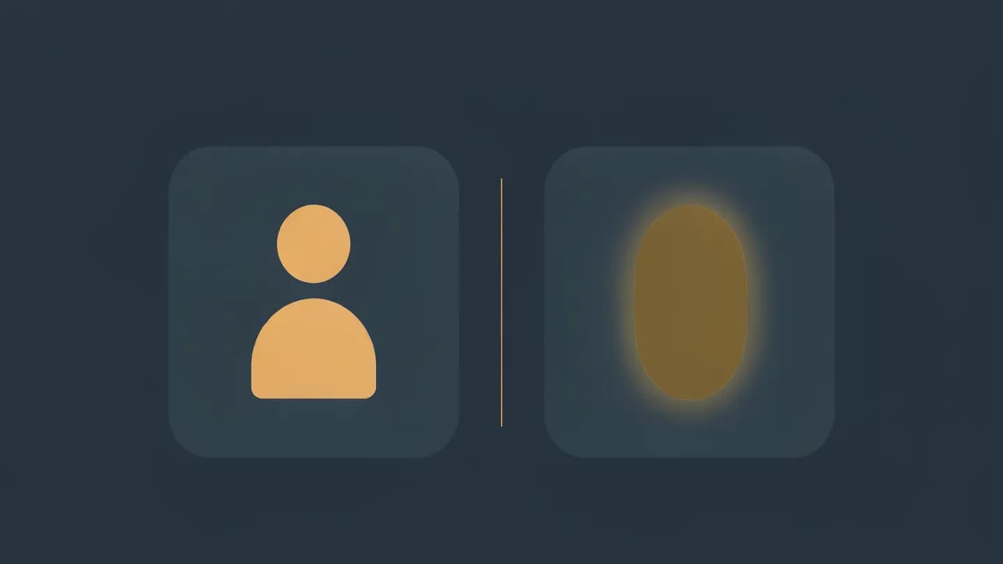 Two rounded video-call tiles on a dark navy field, one containing a simple geometric human outline and the other a smooth featureless glowing oval silhouette.