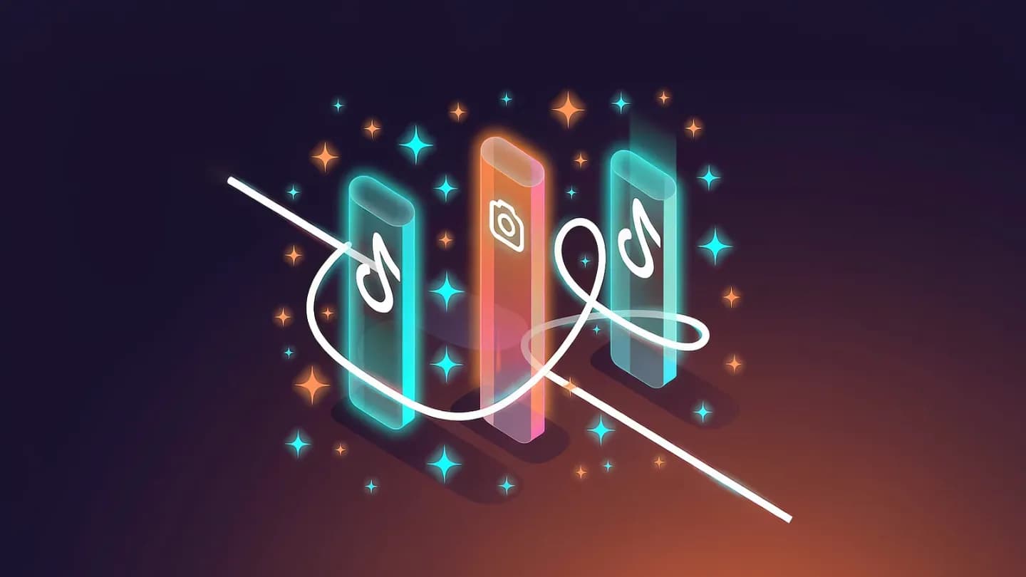 An isometric dashboard comparing engagement across TikTok, Reels and Shorts with three floating bars