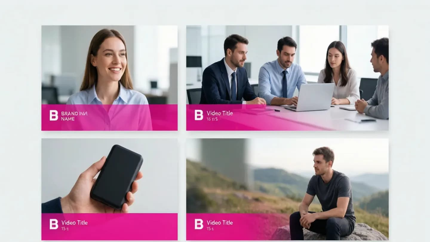 Four video thumbnail frames sharing one brand identity to show consistent AI video variations