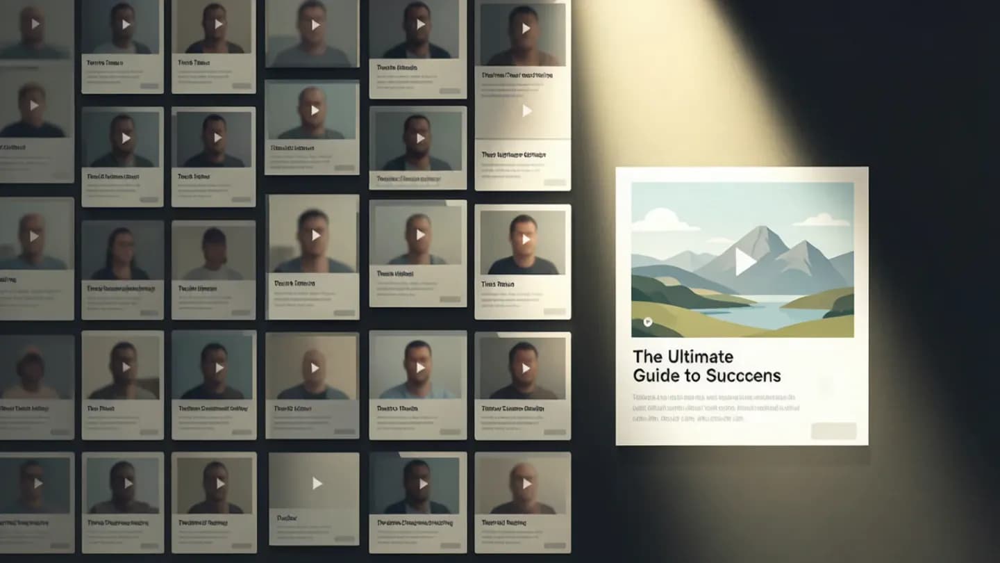 A flood of AI video thumbnails versus one spotlighted winning frame
