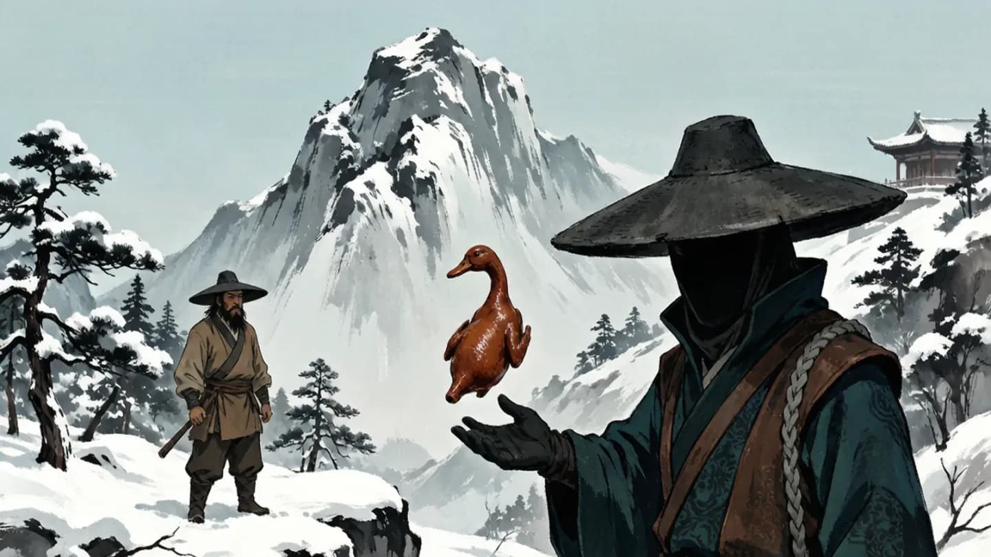 A woodcutter and a mysterious figure with braised duck in a snowy wuxia ink-wash scene
