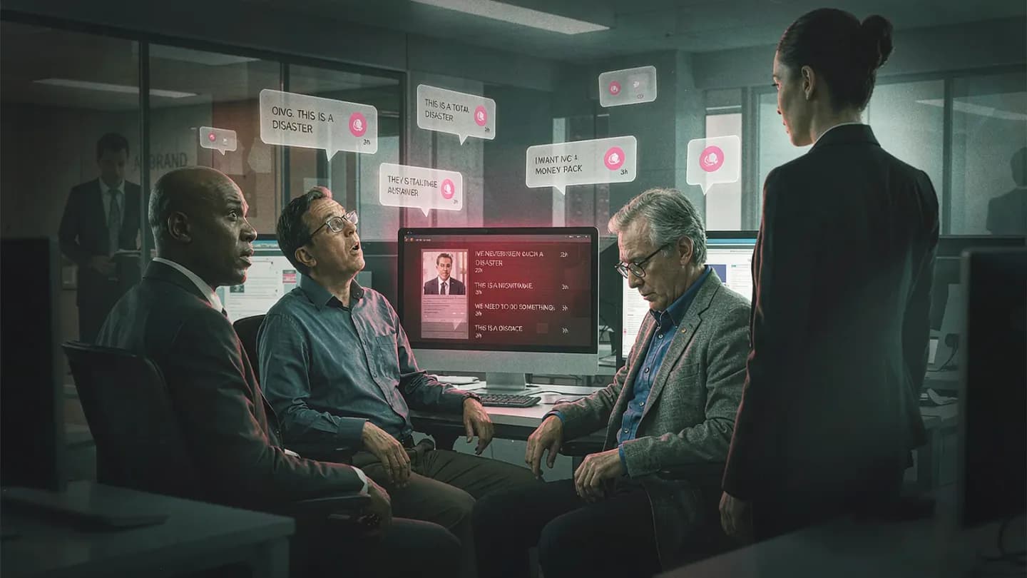 A marketing team reacting to an AI-ad backlash on screen