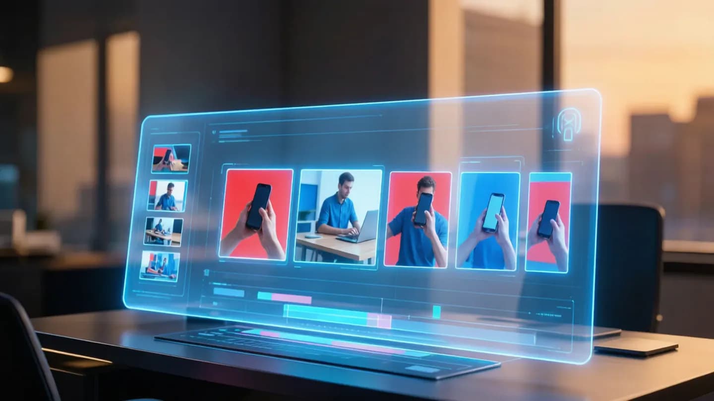 A futuristic studio where a holographic AI video canvas displays brand campaign storyboards