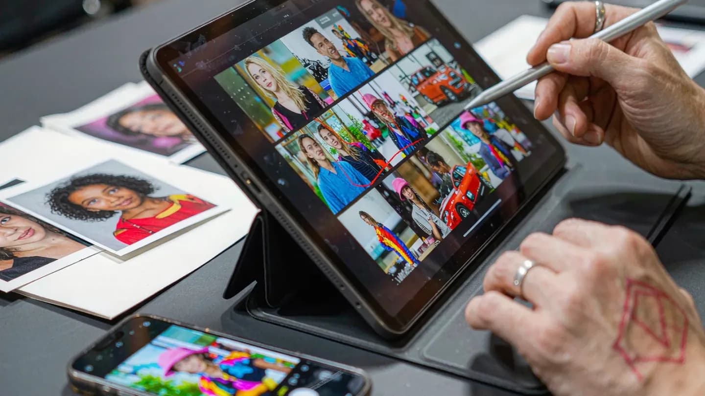 A reviewer checking AI-generated video stills against a brand guideline checklist on a tablet