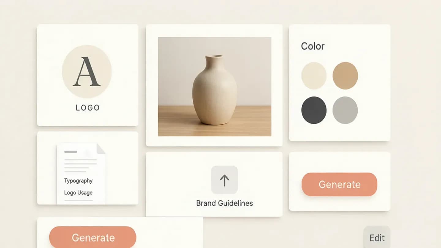 A flat-lay of organized brand inputs such as logo, product photos, and guidelines ready for AI generation
