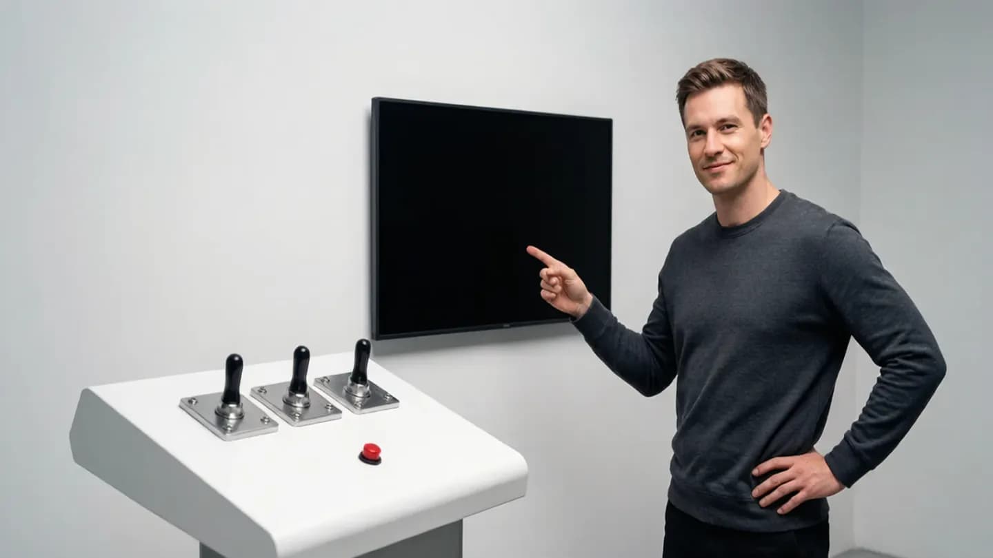 A producer pointing at a control panel with three toggle switches in a neutral studio