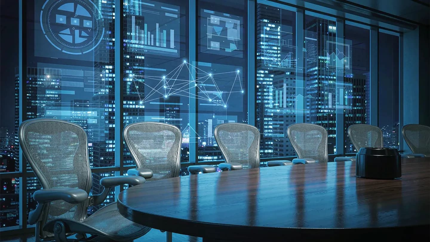 Boardroom with data charts showing AI video budget growth