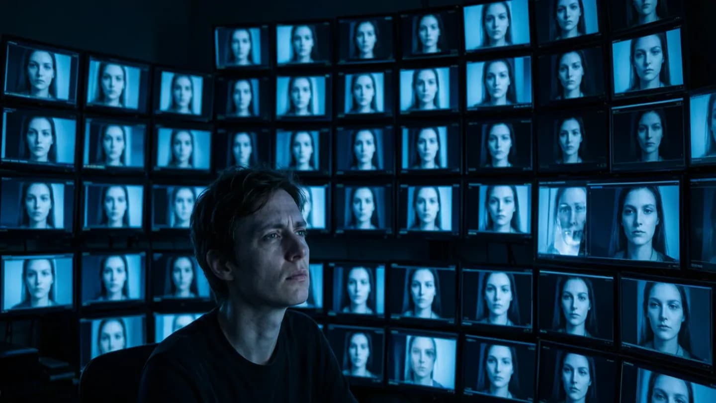 Multiple monitors displaying rows of near-identical AI-generated video frames with one editor reviewing them