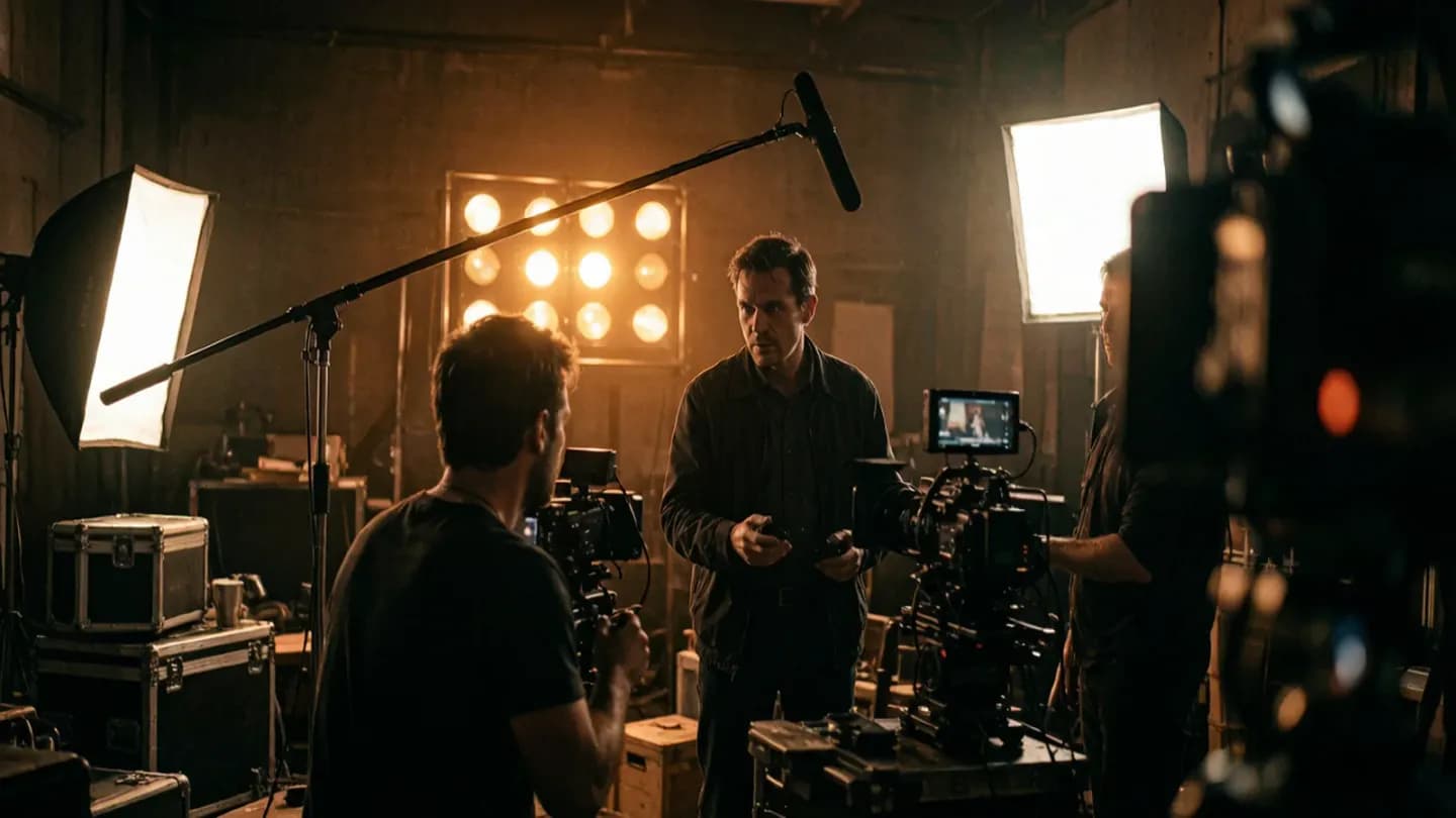 A traditional film crew working on a physical set with lighting and sound equipment