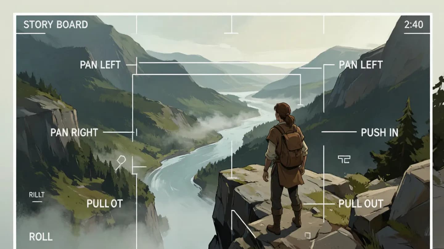 Storyboard frame annotated with camera command brackets such as Pan left and Push in