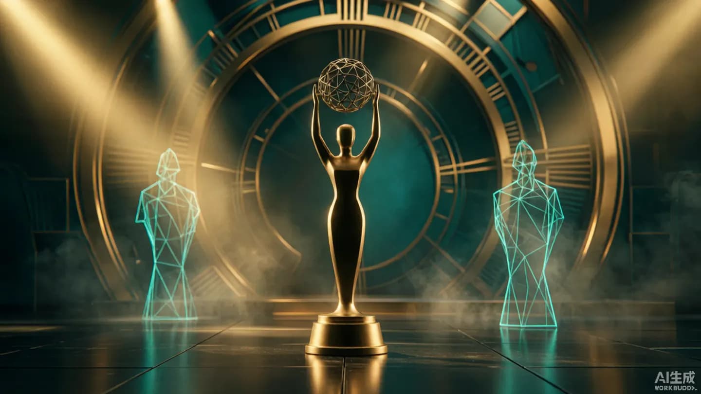 A glowing award trophy on a dark film stage with a faint holographic wireframe suggesting AI-generated footage