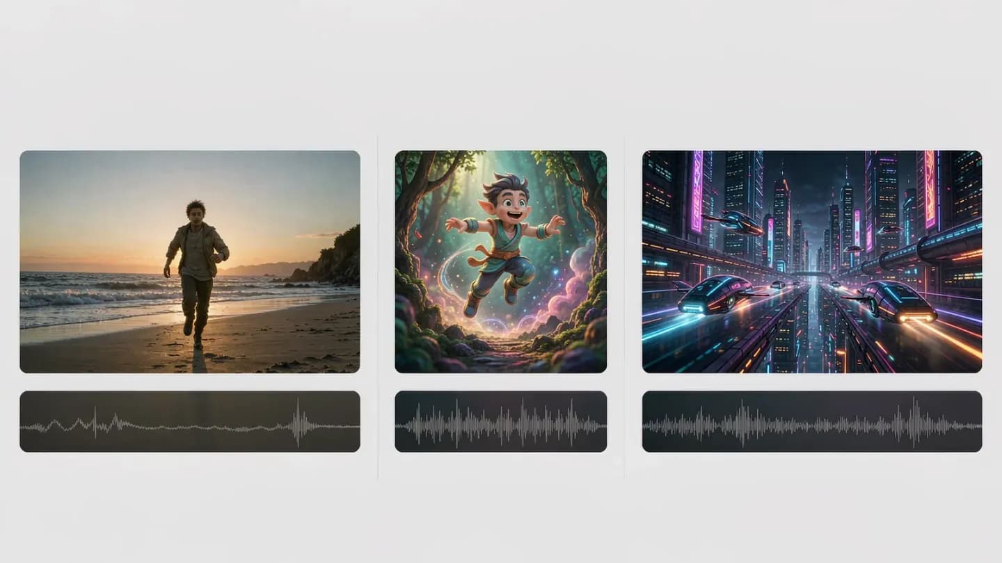 Three-panel comparison of AI video model outputs showing differences in duration and audio