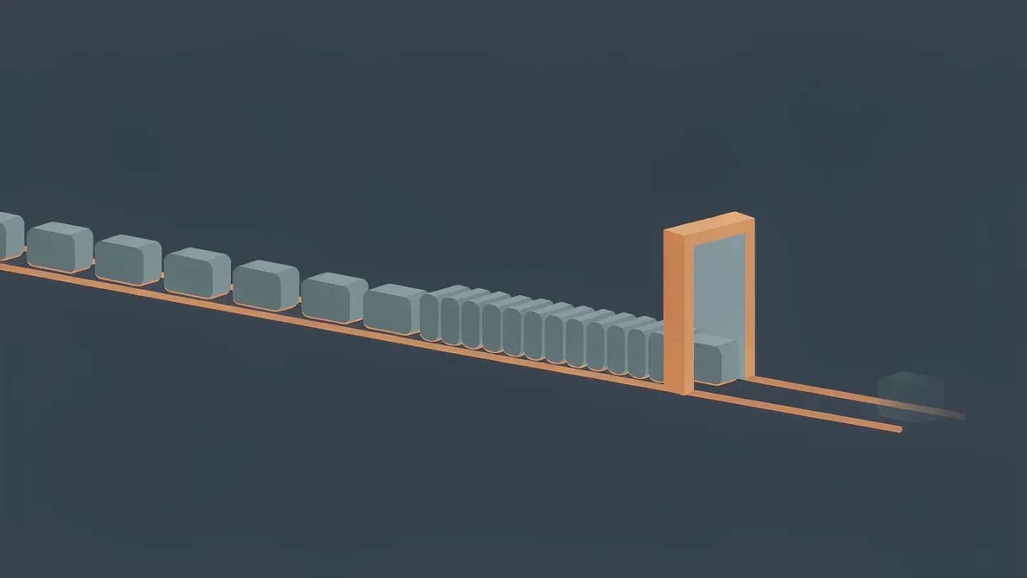 Plain rounded blocks queue up behind a narrow open gate on a dark navy field, forming a growing backlog along a single track.