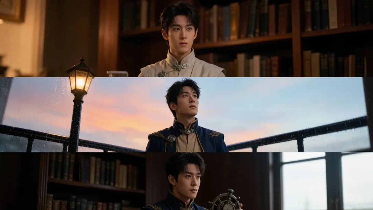 A generated character shown consistent across three consecutive film scenes