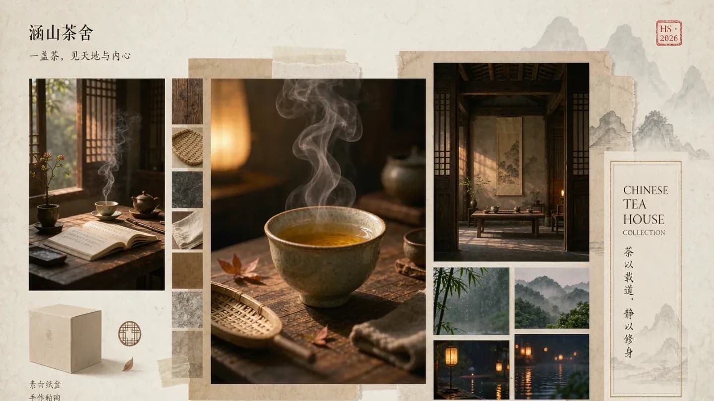 A warm, cinematic mood board evoking the Chayan Cold-Aroma tea brand film.