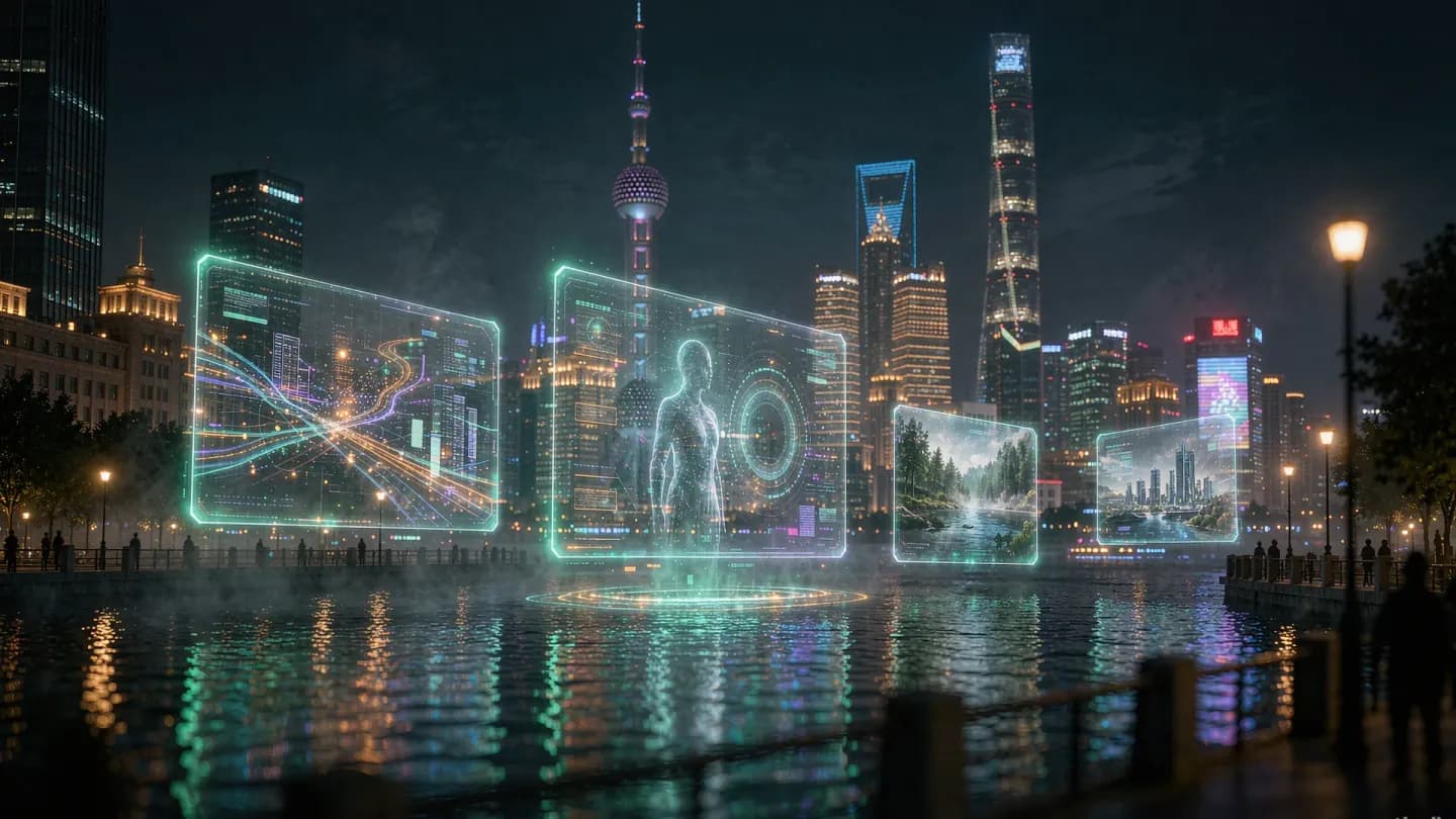 A Shanghai riverfront at night with holographic AI-generated video panels