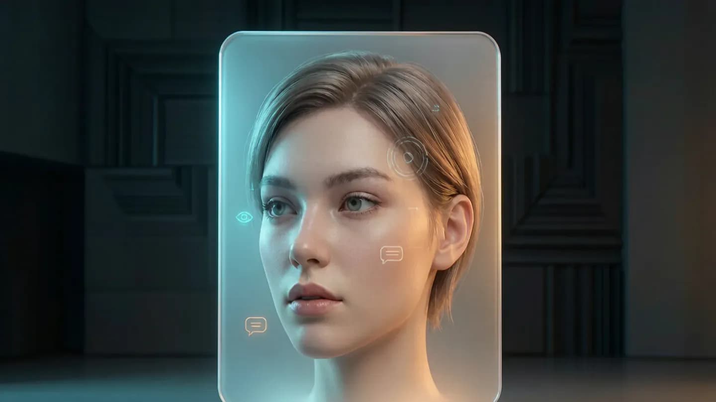 A virtual influencer avatar shown on a screen with subtle disclosure tags, illustrating China's 2026 AI virtual influencer ad rules.