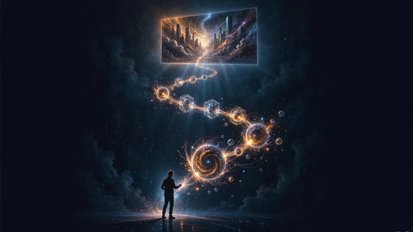 Abstract cinematic concept of a glowing pipeline of light nodes connecting a solitary creator to a rendered movie screen.