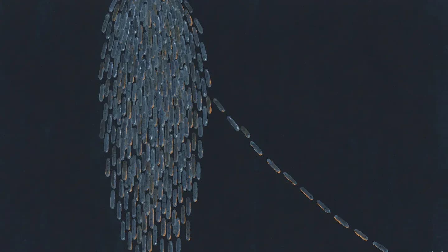 Flat abstract illustration of a dense cascade of small rectangles beside a thin bright stream on a dark navy field